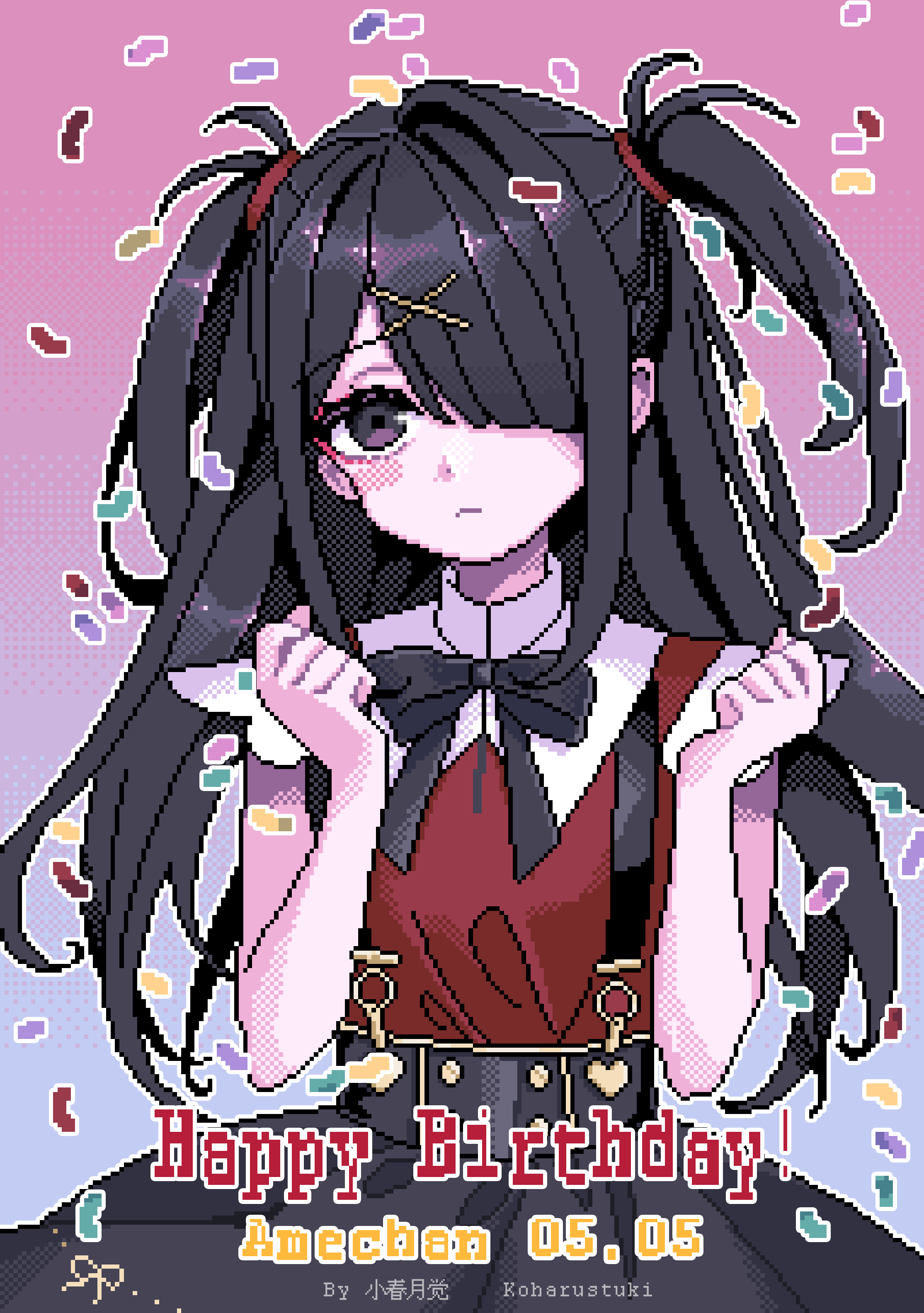 absurdres ame-chan_(needy_girl_overdose) black_eyes black_hair blunt_bangs blush confetti english_text gradient_background hair_ornament hair_over_one_eye hair_tie hands_up highres koharustuki long_hair looking_at_viewer neck_ribbon needy_girl_overdose pixel_art ribbon short_twintails sidelocks skirt suspender_skirt suspenders twintails two-tone_background very_long_hair x_hair_ornament