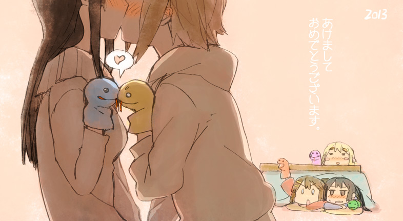 &gt;:o 0_0 10s 2013 5girls :o =_= akeome akiyama_mio blush blush_stickers fukutarou_(enji127) hand_puppet happy_new_year head_out_of_frame heart hirasawa_yui ho-kago_tea_time k-on! kiss kotatsu kotobuki_tsumugi multiple_girls nakano_azusa new_year puppet table tainaka_ritsu under_table v-shaped_eyebrows yuri