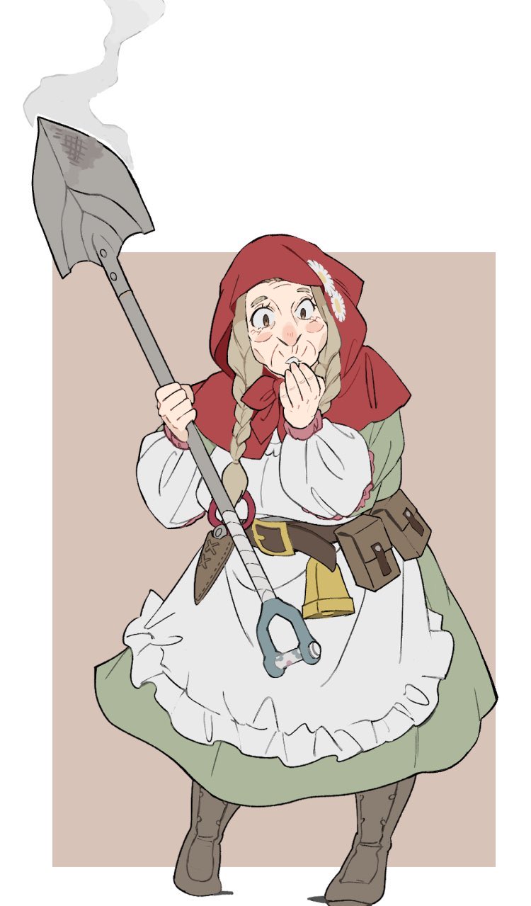 1girl apron bell belt belt_pouch blush braid dress etrian_odyssey farmer_(sekaiju) farmer_5_(sekaiju) flower full_body goeppe highres holding holding_shovel long_dress long_sleeves old old_woman pouch red_hood sekaiju_no_meikyuu sekaiju_no_meikyuu_3 sekaiju_no_meikyuu_hd shears shovel smoking_weapon solo standing twin_braids