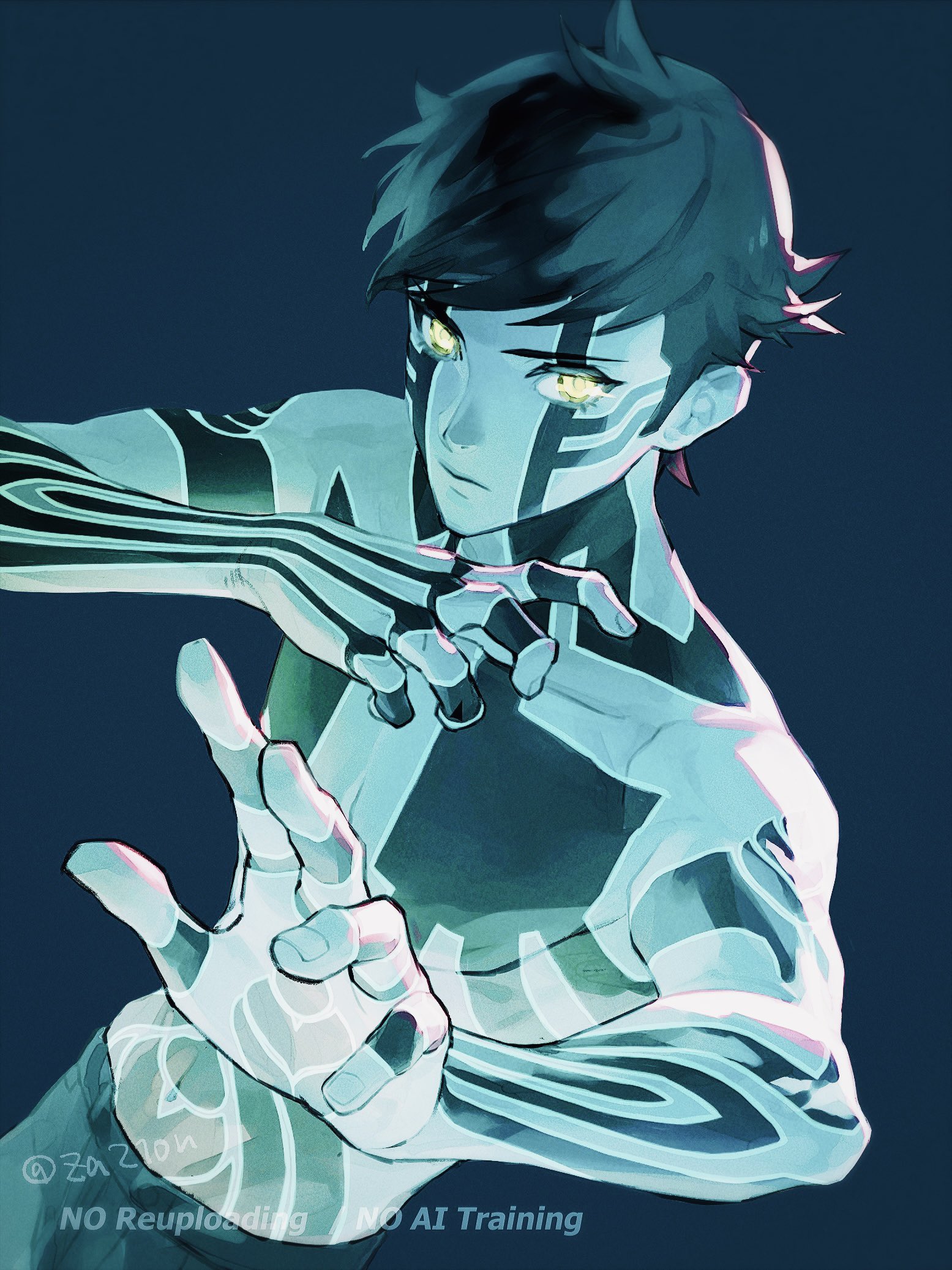 1boy arms_up artist_name black_hair blue_background body_markings closed_mouth commentary_request demi-fiend glowing glowing_eyes highres looking_at_viewer male_focus shin_megami_tensei shin_megami_tensei_iii:_nocturne short_hair simple_background solo twitter_username yellow_eyes za210n