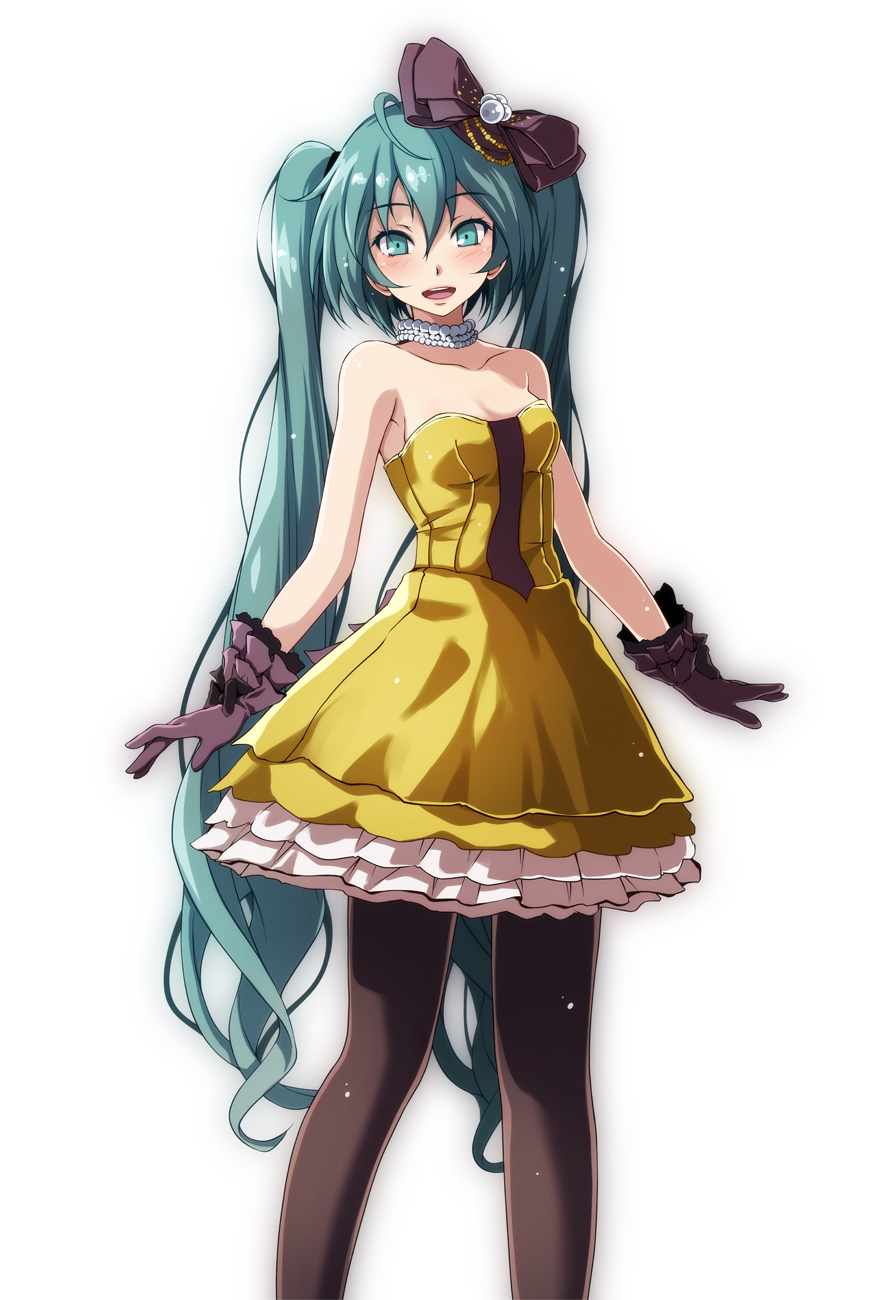 1girl :d ahoge armpits black_bow black_gloves black_pantyhose blue_eyes blue_hair blush bow breasts brown_pantyhose choker cleavage collarbone dress female_focus gloves hair_between_eyes hair_bow hatsune_miku hatsune_miku_(siren) highres kochira_koufuku_anshin_iinkai_desu_(vocaloid) layered_dress long_hair looking_at_viewer medium_breasts open_mouth pantyhose short_dress simple_background sleeveless sleeveless_dress smile solo standing standing_on_one_leg strapless strapless_dress teeth tsukishiro_saika twintails upper_teeth_only very_long_hair vocaloid white_background yellow_dress