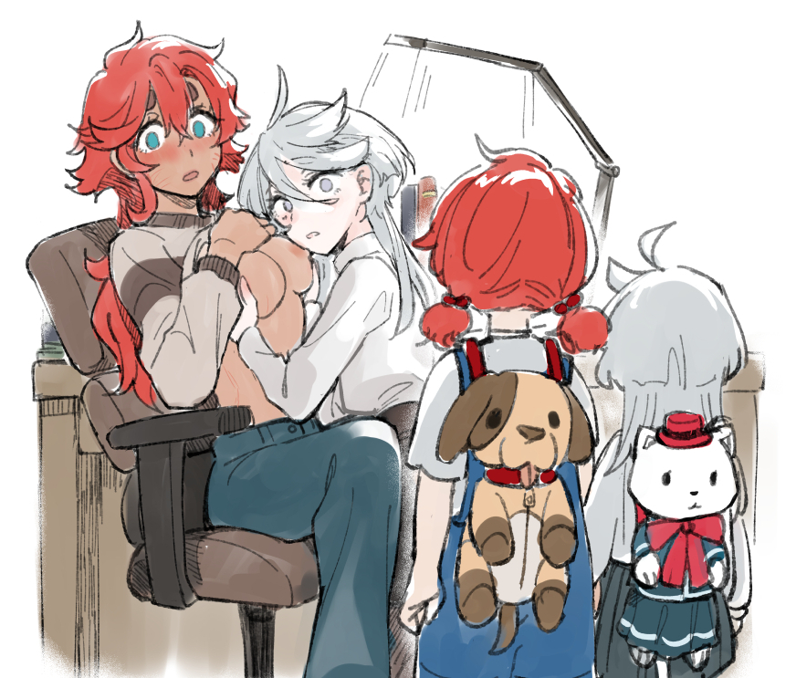 4girls albino blush breast_sucking breasts caught chair child couple dark-skinned_female dark_skin embarrassed family female_focus grey_hair gundam gundam_suisei_no_majo hair_between_eyes if_they_mated indoors licking licking_breast licking_nipple long_hair looking_at_another medium_breasts miorine_rembran mitsu_(tendou_itsuki) mother_and_child mother_and_daughter multiple_girls nipple_stimulation nipples open_mouth ponytail red_eyes red_hair science_babies short_hair sitting skirt suletta_mercury surprised thick_eyebrows walk-in white_hair wide-eyed wife_and_wife yuri