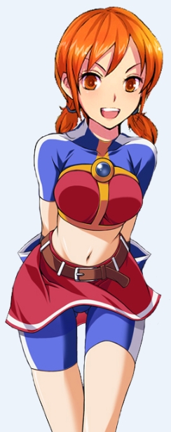1girl arms_behind_back belt bike_shorts female_focus happy leaning_forward looking_at_viewer m.u.g.e.n matching_hair/eyes midriff miniskirt orange_eyes orange_hair shinzaki_maria short_twintails simple_background skirt smile solo the_king_of_fighters the_king_of_fighters_2003 twintails white_background
