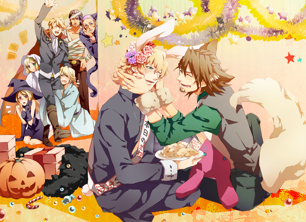 10s 2girls 6+boys animal_ears antonio_lopez bad_id bad_pixiv_id barnaby_brooks_jr. rabbit_ears rabbit_tail cat_ears cat_tail cm10th food fried_rice halloween hat huang_pao-lin ivan_karelin jack-o&#039;-lantern kaburagi_t._kotetsu karina_lyle keith_goodman multiple_boys multiple_girls mummy nathan_seymour tail tiger_&amp;_bunny witch_hat