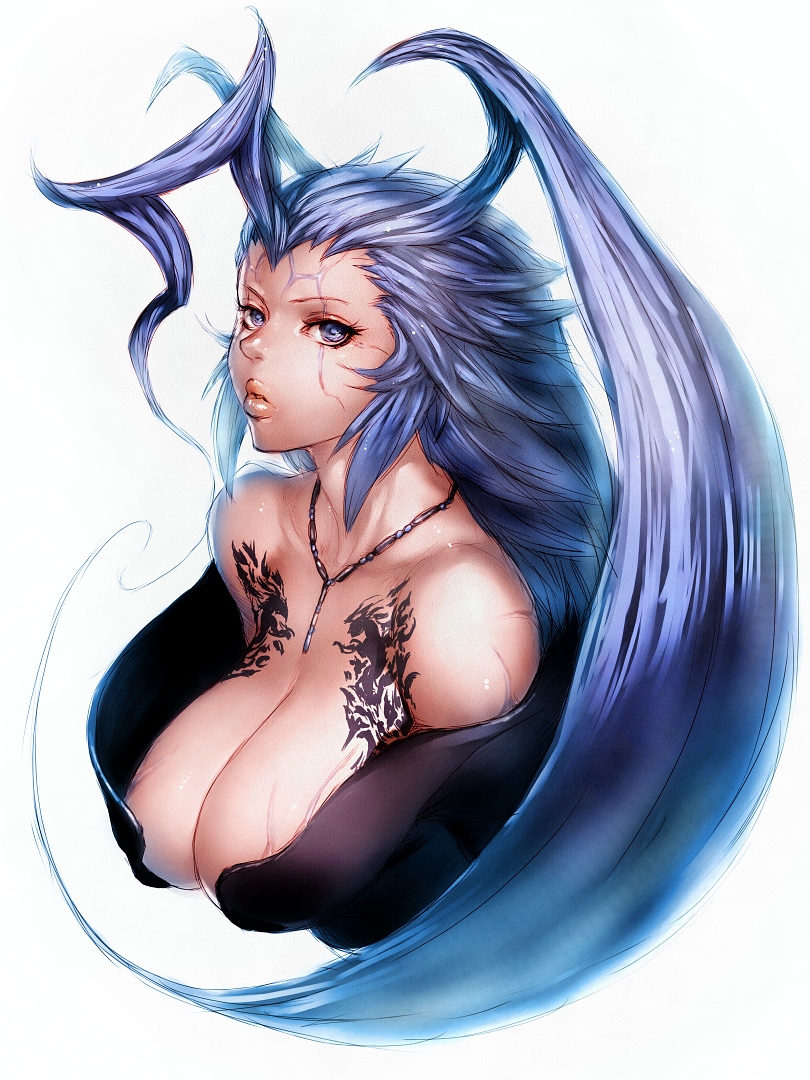 00s 1girl ahoge bare_shoulders blue_eyes blue_hair breasts cleavage female_focus final_fantasy final_fantasy_x fumio_(rsqkr) gender_request genderswap huge_ahoge huge_breasts jewelry lips long_hair matching_hair/eyes necklace seymour_guado simple_background solo square_enix tattoo white_background