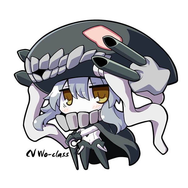 10s 1girl abyssal_ship bodysuit cape chibi female_focus grafity7 kantai_collection long_hair looking_at_viewer monster no_mouth own_hands_clasped own_hands_together personification silver_hair solo staff take_tonbo wo-class_aircraft_carrier