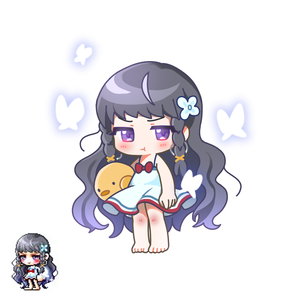 1girl :t bare_arms bare_shoulders barefoot black_hair blush bow braid bug butterfly character_request chibi closed_mouth dress flower hair_flower hair_ornament insect leafwow long_hair looking_at_viewer maplestory pout purple_eyes red_bow reference_inset side_braids simple_background sleeveless sleeveless_dress standing twin_braids very_long_hair white_background white_dress white_flower
