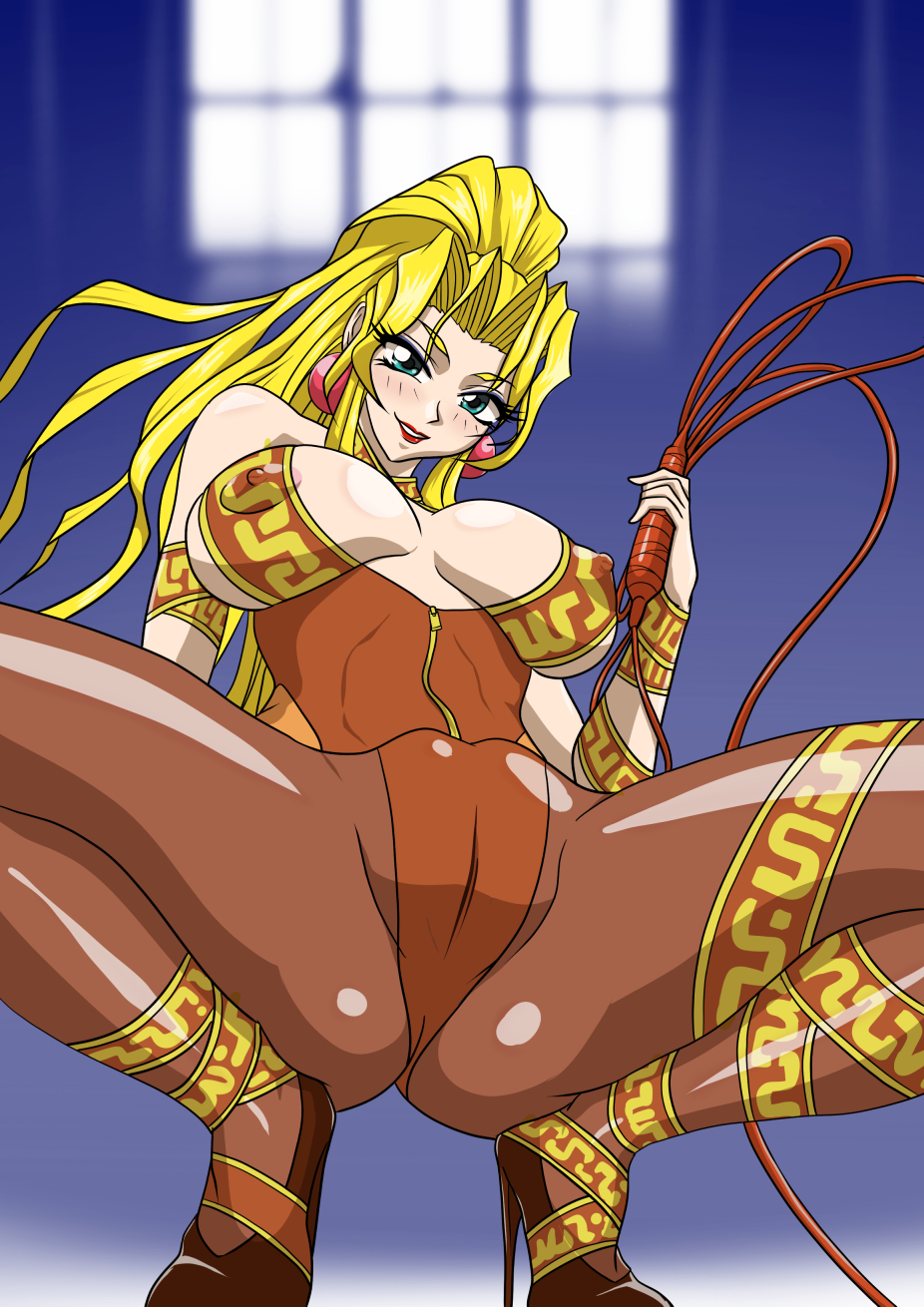 1990s_(style) 1girl ashiga_(p2mqhhnz3ltcxvj) bare_shoulders blonde_hair blurry blurry_background blush breasts cameltoe clenched_hand collarbone commentary covered_erect_nipples depth_of_field earrings female_focus foreshortening from_below gluteal_fold green_eyes grin head_tilt highres holding holding_whip indoors jewelry large_breasts open_clothes orange_background pantyhose parted_bangs red_lips retro_artstyle ribbon smile sofia_(toushinden) solo squatting straight_hair toushinden tsurime window zipper