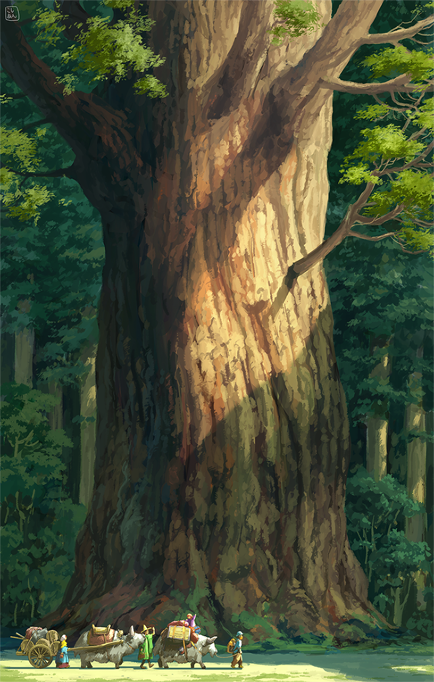 ambiguous_gender animal backpack bag cart cloak commentary_request day facing_away fantasy from_side giant_tree hand_up hat highres holding hood kosian lineup nature original pullcart riding robe scarf scenery tree tree_shade walking