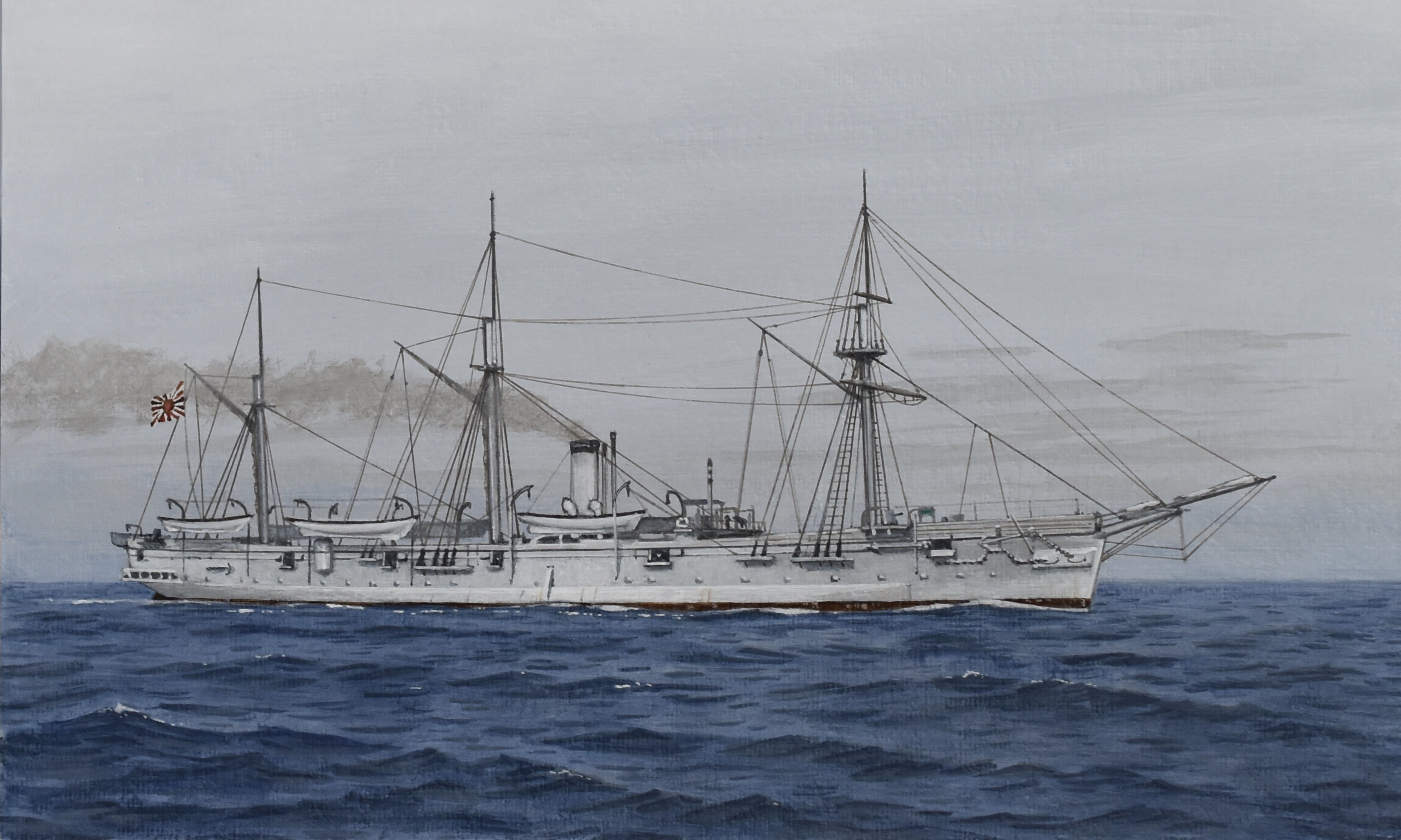 acrylic_paint_(medium) atelier_bono evening flag frigate highres imperial_japanese_navy japanese_flag mast military_vehicle morning no_humans ocean original painting_(medium) ship sky smoke smokestack tenryuu_(frigate) traditional_media vehicle_focus warship watercraft
