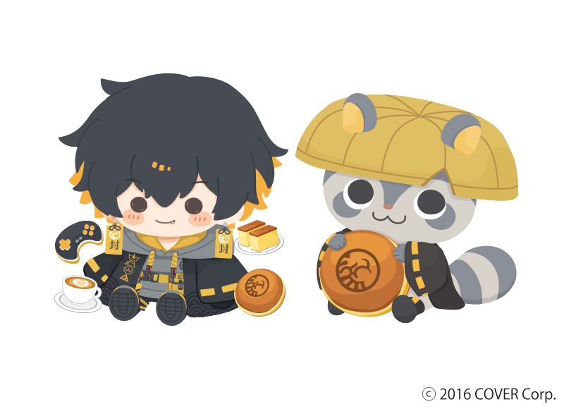 1boy animal belt belt_pouch black_coat black_footwear black_gloves black_hair black_pants blonde_hair blush_stickers cake castella_(food) chibi clothed_animal coat coffee controller copyright_notice cup dorayaki drawstring earrings fang food full_body game_controller gloves grey_hoodie hair_between_eyes holding holding_food holostars hood hood_down hoodie jewelry kotatsu_(yatogami_fuma) latte_art looking_at_viewer male_focus multicolored_hair official_art open_clothes open_coat pants plate pouch raccoon ribbon rizu_(rizunm) sandogasa saucer seigaiha shoe_soles short_hair simple_background sitting smile two-tone_hair virtual_youtuber wagashi white_background yatogami_fuma yellow_belt yellow_eyes yellow_ribbon