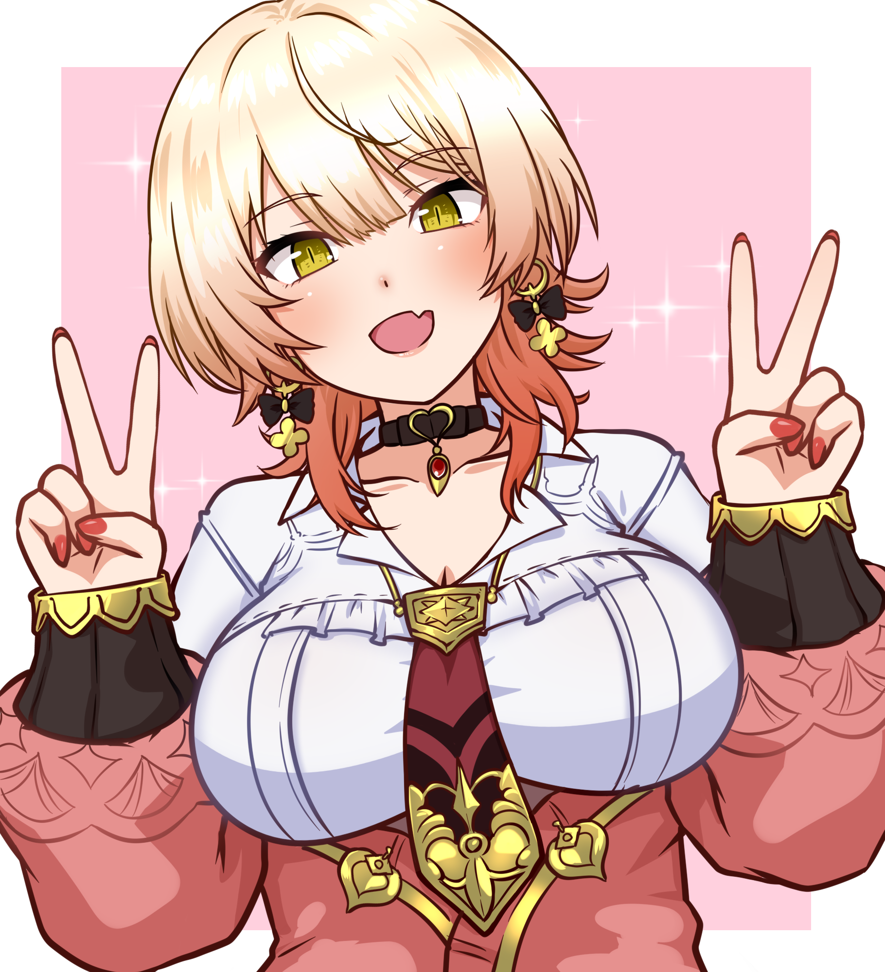 1girl black_choker blonde_hair blush bow bow_earrings breasts cardigan choker cleavage double_v earrings fang goriate hair_between_eyes heart heart_choker highres hoop_earrings jewelry large_breasts long_hair long_sleeves looking_at_viewer nail_polish necktie nijisanji nui_sociere nui_sociere_(10th_costume) off-shoulder_sweater off_shoulder pink_cardigan pink_nails purple_necktie shirt skin_fang skirt solo sweater v virtual_youtuber white_shirt wolf_cut yellow_eyes