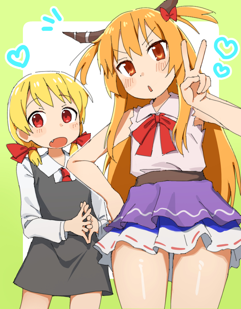 2girls alternate_hairstyle black_skirt black_vest blonde_hair blush bow bowtie brown_horns collared_shirt commentary_request cookie_(touhou) cowboy_shot fang green_background hair_bow heart horns ibuki_suika long_hair looking_at_viewer multiple_girls nadeko_(cookie) necktie open_mouth orange_eyes orange_hair pura_(aiueo256375) purple_skirt red_bow red_bowtie red_eyes red_necktie ribbon-trimmed_skirt ribbon_trim rumia shiny_skin shirt sidelocks skirt skirt_set sleeveless sleeveless_shirt smile touhou two-tone_background two_side_up v very_long_hair vest white_background white_shirt yamin_(cookie)