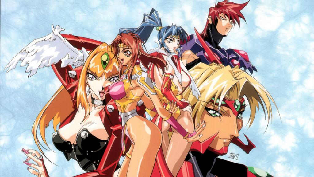 1990s_(style) armor ass blonde_hair blue_hair breasts brown_hair choujin_gakuen_gowcaizer cleavage fang hishizaki_shaia_(gowcaizer) kaiza_isato kash_gyustan nail_polish necrocaizer oobari_masami power_suit red_hair retro_artstyle son_karin spandex technos