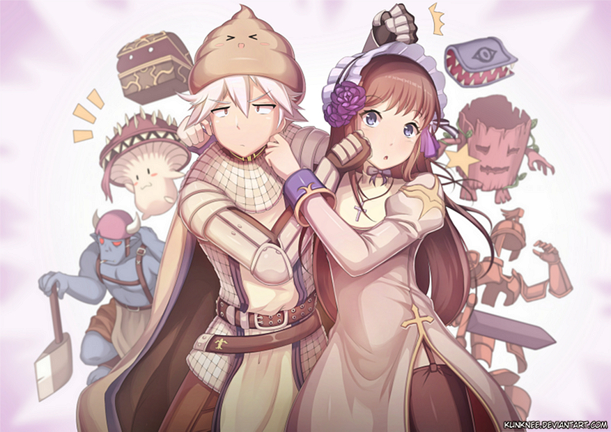 &gt;_&lt; 1girl 2boys :3 ^^^ armor axe belt black_thighhighs blonde_hair blue_eyes blush brown_belt brown_hair chainmail cheek_pinching cigarette closed_mouth commentary cowboy_shot deviantart_username dress elder_willow_(ragnarok_online) flower garter_straps hair_flower hair_ornament headdress high_orc_(ragnarok_online) holding holding_axe holding_sword holding_weapon jewelry juliet_sleeves knight_(ragnarok_online) kunknee long_hair long_sleeves looking_at_viewer mimic mimic_(ragnarok_online) mimic_chest multiple_boys mushroom mutual_cheek_pinching necklace nisekoi notice_lines open_mouth orc parody pinching poop priest_(ragnarok_online) puffy_sleeves purple_flower ragnarok_online raydric red_eyes rideword_(ragnarok_online) short_hair spore_(ragnarok_online) star_(symbol) sword tabard thighhighs weapon white_background white_dress white_hair