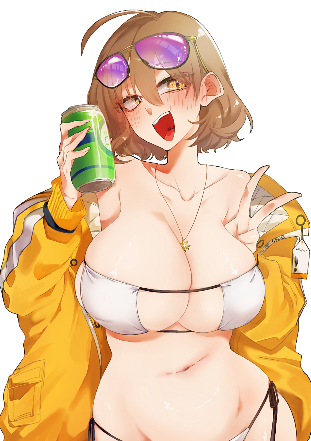 1girl :d anis_(nikke) anis_(sparkling_summer)_(nikke) bibie307 bikini blush breasts brown_hair can cleavage eyepatch_bikini eyewear_on_head goddess_of_victory:_nikke hair_between_eyes highres holding holding_can jacket jewelry large_breasts looking_at_viewer navel necklace off_shoulder open_mouth short_hair simple_background smile solo sunglasses swimsuit teeth white_background white_bikini yellow_eyes