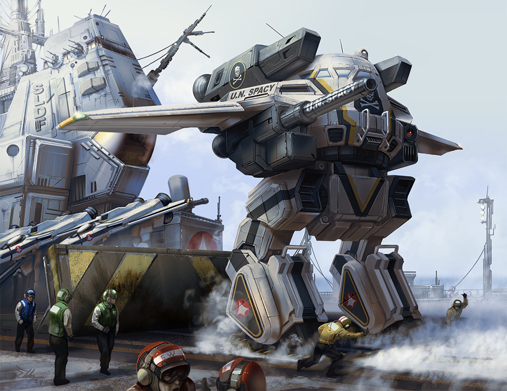 aircraft aircraft_carrier arm_cannon armor battletech blue_helmet blue_jacket commentary crossover earmuffs eldoniousrex english_commentary goggles green_helmet green_jacket helmet jacket macross mecha mechanical_wings military_vehicle non-humanoid_robot outdoors painterly red_helmet redesign robot science_fiction ship ship_deck skull_and_crossbones skull_squadron sky smoke u.n._spacy urbanmech vernier_thrusters warship watercraft weapon white_armor wings yellow_jacket
