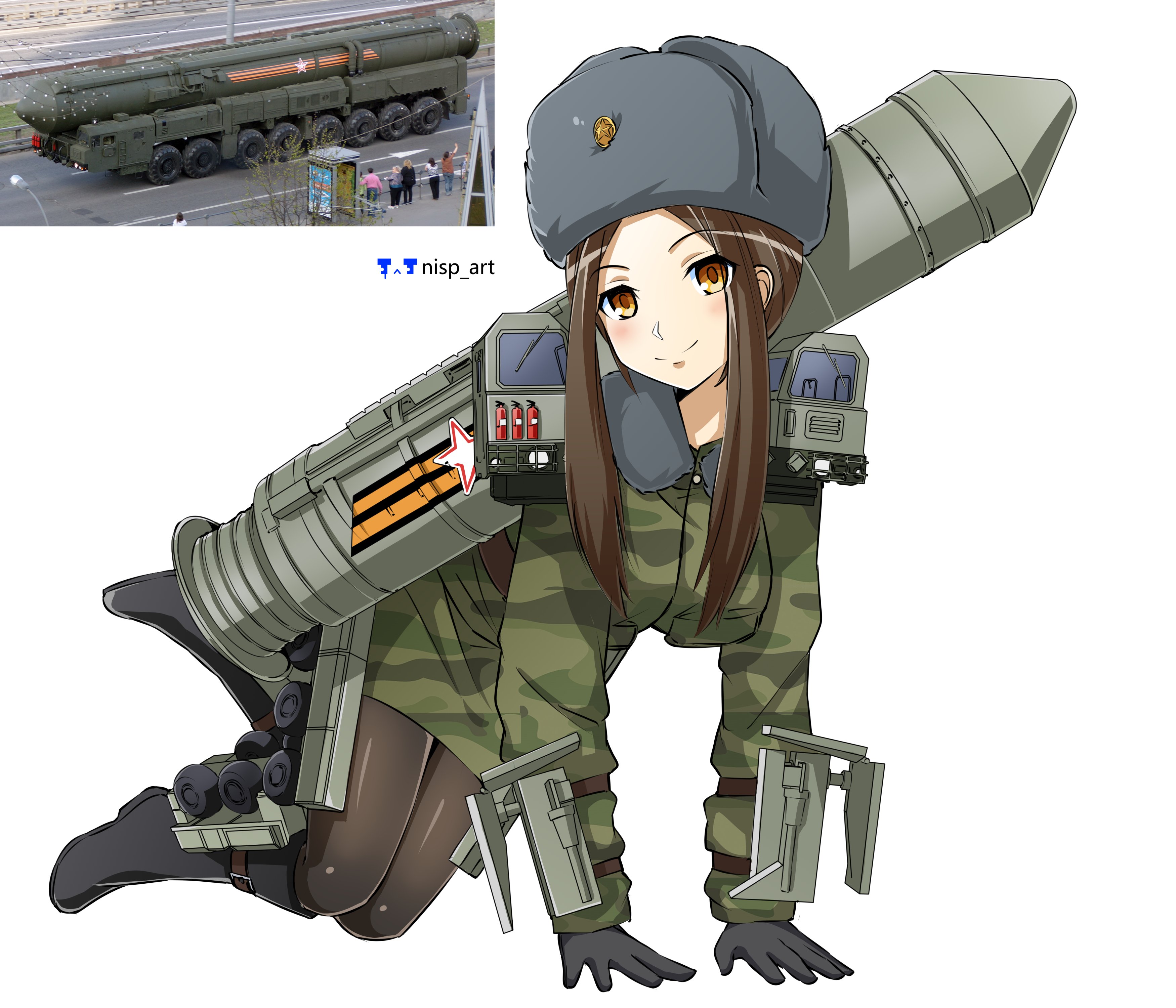 1girl absurdres all_fours blush brown_eyes brown_hair camouflage facing_viewer full_body gloves hat highres long_hair long_sleeves looking_at_viewer military military_uniform missile nisp_art original personification photo-referenced ribbon_of_saint_george rs-24_yars russian_ground_forces smile ushanka white_background