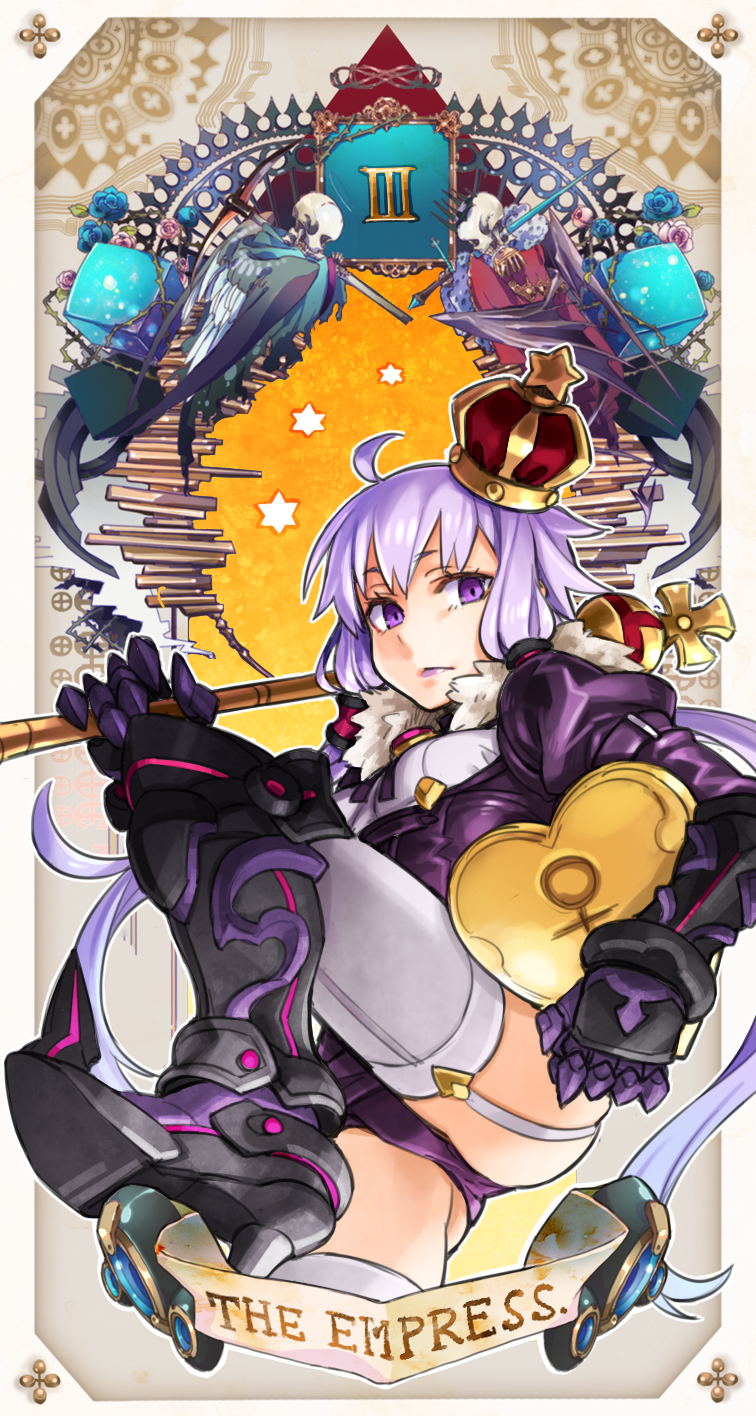 ahoge alternate_costume armor armored_boots ass boots breasts card_(medium) carrying carrying_under_arm closed_mouth cropped_legs crown english_text foot_up fur_collar garter_straps gauntlets greaves hand_up heart high_heels highres holding holding_heart holding_scepter juliet_sleeves leotard long_hair long_sleeves looking_at_viewer mini_crown outline puffy_sleeves purple_eyes purple_hair purple_leotard purple_lips roman_numeral sabaton samoni_ouka scepter shirt short_hair_with_long_locks sidelocks skeleton small_breasts tarot tarot_(medium) the_empress_(tarot) thighhighs tilted_headwear underbust venus_symbol very_long_hair vocaloid voiceroid white_outline white_shirt white_thighhighs yuzuki_yukari