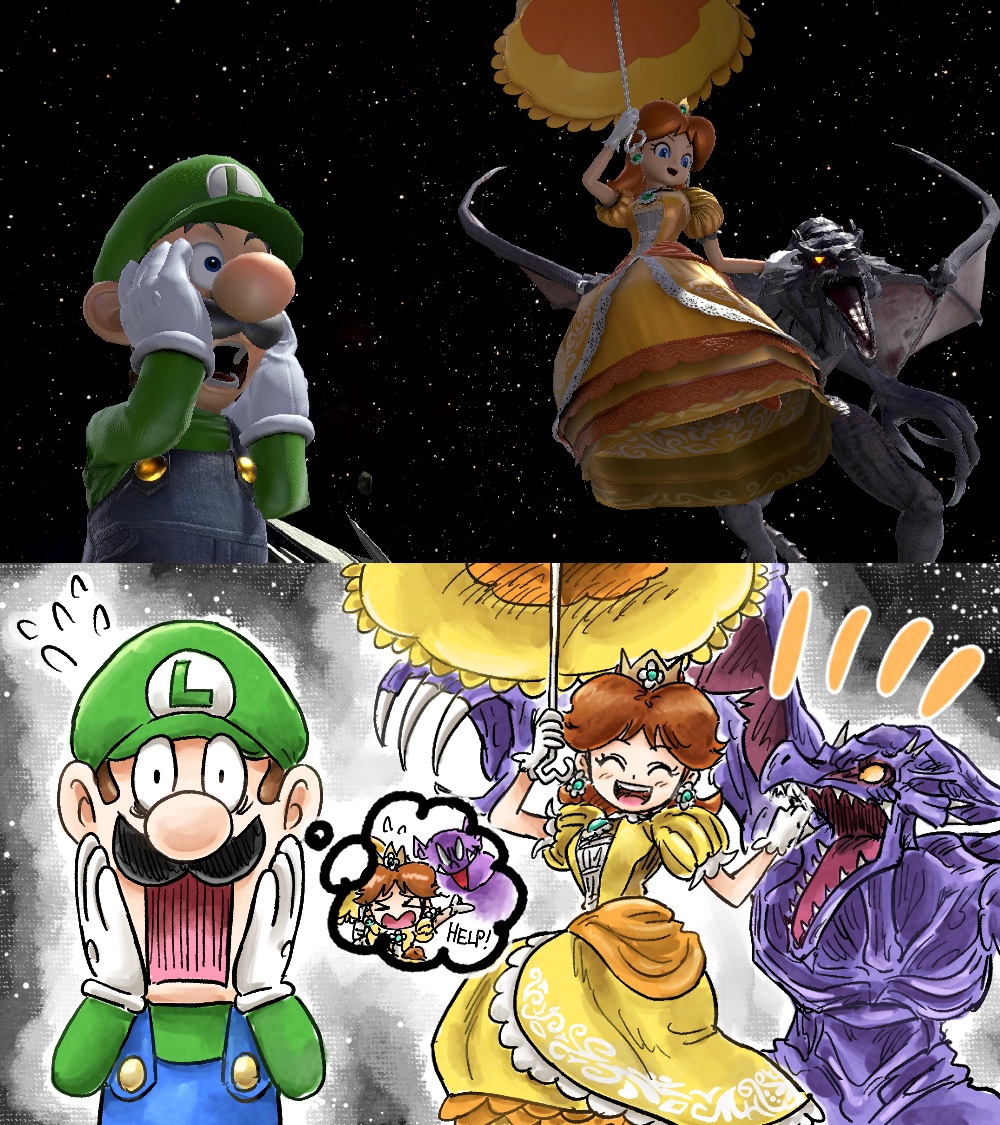 1girl 2boys blue_overalls brown_hair claws closed_eyes colored_skin crossover crown dragon dress earrings facial_hair floating game_screenshot_inset gloves green_hat green_shirt hands_on_own_cheeks hands_on_own_face happy hat jewelry kicdon long_sleeves looking_at_viewer luigi mario_(series) metroid multiple_boys mustache night night_sky nintendo open_mouth overalls princess princess_daisy puffy_short_sleeves puffy_sleeves purple_skin ridley scared shirt short_sleeves sky speech_bubble star_(sky) super_mario_land super_smash_bros. tatanga thought_bubble umbrella white_gloves wings