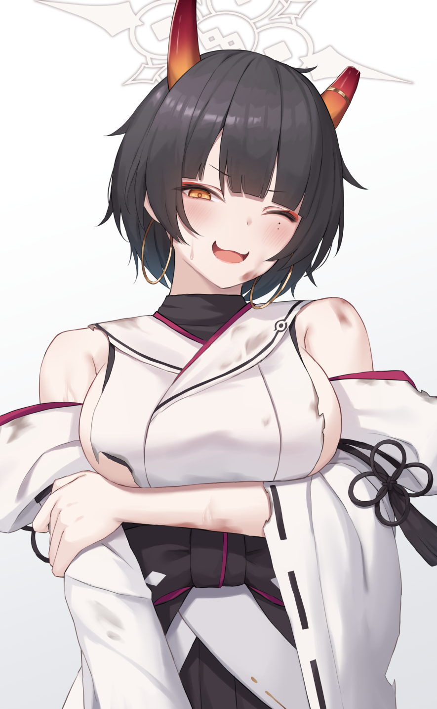 1girl arm_under_breasts black_hair blue_archive blunt_bangs breasts broken_horn bruise bruise_on_arm bruise_on_face bruise_on_shoulder detached_sleeves earrings flying_sweatdrops fuka_kurotsuji gradient_horns halo highres holding_own_arm hoop_earrings horns injury japanese_clothes jewelry kimono large_breasts looking_at_viewer mole mole_under_eye multicolored_horns multiple_moles niya_(blue_archive) one_eye_closed open_mouth orange_eyes orange_horns short_hair sideboob sideless_kimono simple_background sleeveless sleeveless_kimono smile solo torn_clothes upper_body v-shaped_eyebrows white_background white_halo white_kimono white_sleeves