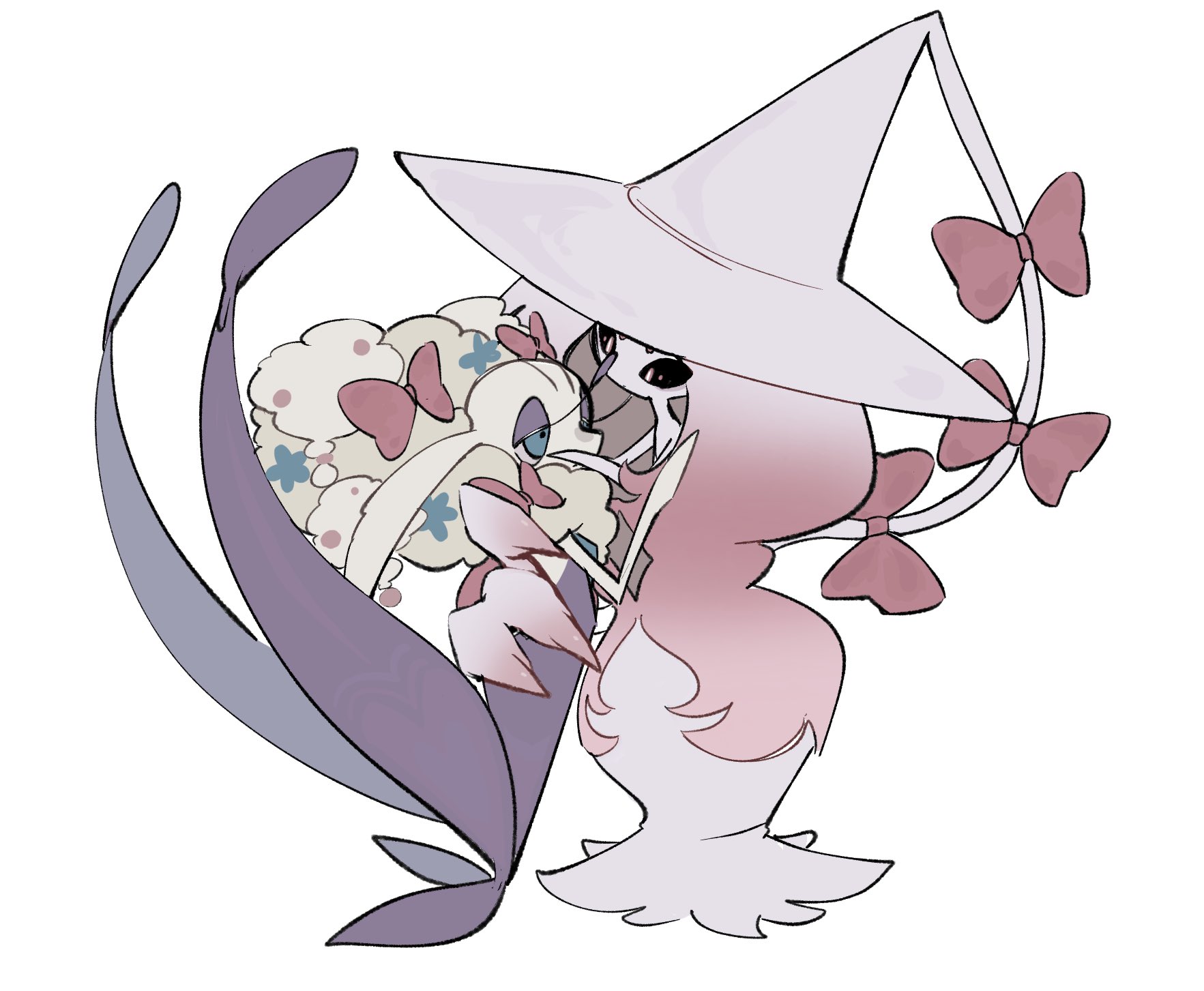 alternate_color black_sclera blue_eyes bow chibi colored_sclera florges flower full_body gen_6_pokemon gen_8_pokemon hair_bow hands_on_another&#039;s_face hat hatterene highres hug nintendo no_humans pokemon shiny_pokemon standing tentacles torori_toro_(oimo_kenpi) white_background witch_hat