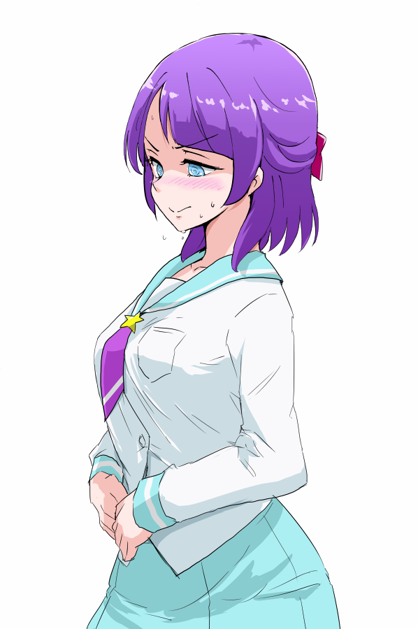 1girl alternate_hair_length alternate_hairstyle blue_eyes blue_sailor_collar blue_skirt bow closed_mouth collarbone collared_shirt hair_bow kaguya_madoka long_sleeves mihoshi_middle_school_uniform neckerchief pleated_skirt precure purple_hair purple_neckerchief red_bow sailor_collar sailor_shirt school_uniform shirt short_hair simple_background sketch skirt smile solo standing star_twinkle_precure uraki v-shaped_eyebrows white_background white_shirt