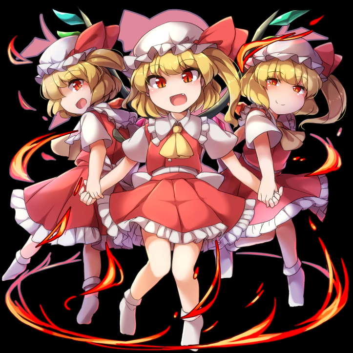 3girls ascot black_background blonde_hair blush commentary_request crystal fang fire flandre_scarlet four_of_a_kind_(touhou) full_body fun_bo hat holding_hands looking_at_viewer mob_cap multiple_girls multiple_persona no_shoes open_mouth red_eyes red_skirt red_vest ring_of_fire shirt short_hair short_sleeves side_ponytail simple_background skirt slit_pupils smile socks touhou vest white_legwear white_shirt wings yellow_ascot