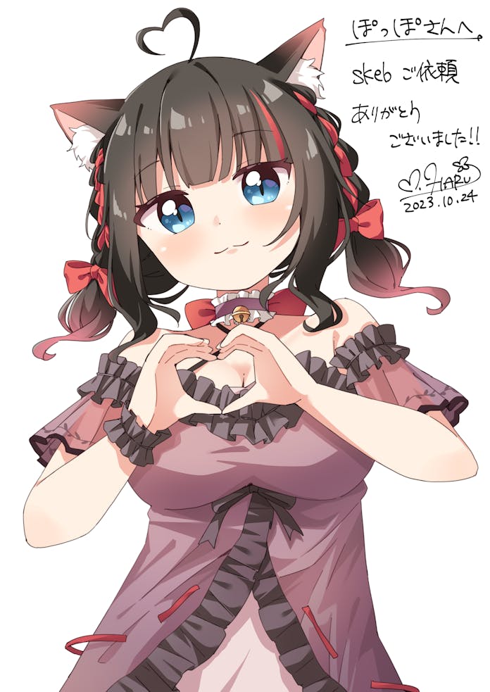 1girl ahoge animal_ear_fluff animal_ears bare_shoulders blue_eyes blunt_bangs blush bow bow_choker breasts brown_hair cat_ears cat_girl chisse-neko choker cleavage closed_mouth commentary_request commission dated dress frilled_choker frills hair_bow haru_(konomi_150) heart heart_ahoge heart_hands indie_virtual_youtuber large_breasts looking_at_viewer multicolored_hair off-shoulder_dress off_shoulder purple_choker purple_dress red_bow red_hair short_hair short_sleeves signature simple_background skeb_commission smile solo streaked_hair upper_body virtual_youtuber white_background