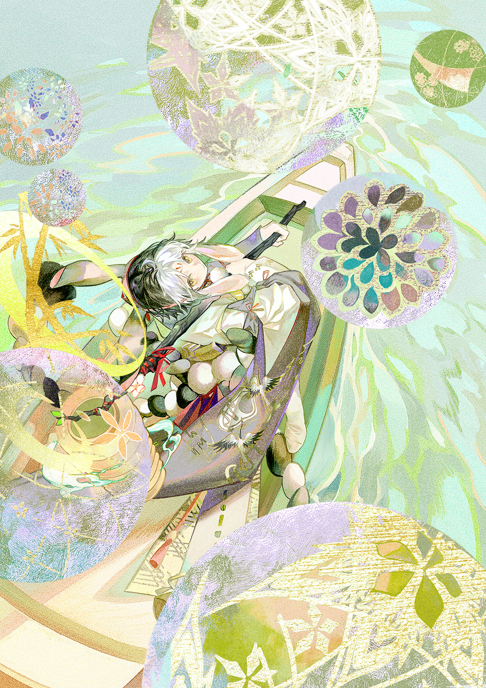 1boy black_hair boat closed_mouth floral_print flower from_above grey_hair highres holding japanese_clothes kimono long_sleeves looking_at_viewer looking_up male_focus onmyoji onmyoji:_the_card_game short_hair solo tassel usagimaru_(onmyoji) water watercraft white_hair yinzinmiemie