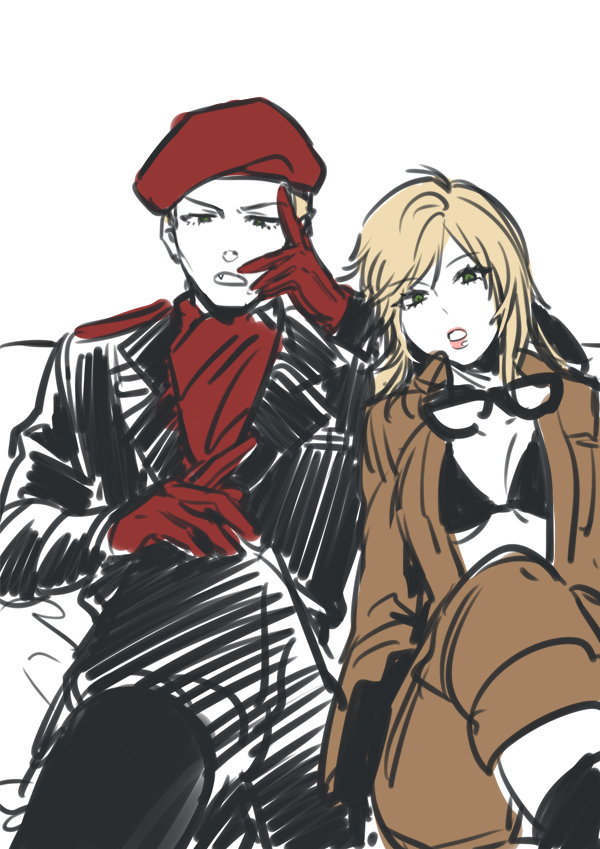 1boy 1girl beret blonde_hair eva_(metal_gear) gloves goggles hat jacket metal_gear_(series) metal_gear_solid_3:_snake_eater noriuma open_clothes open_jacket revolver_ocelot
