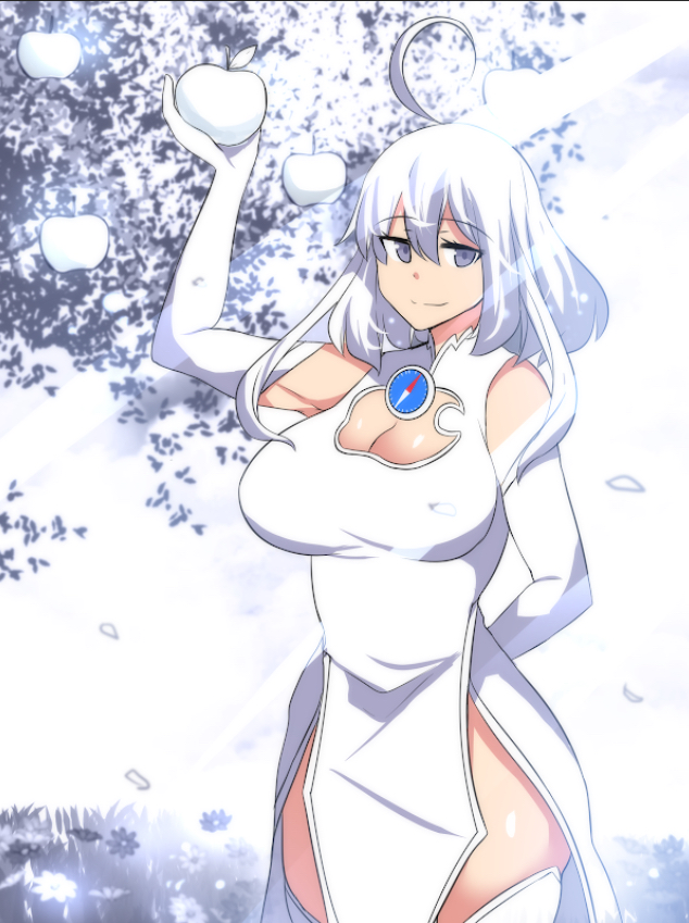 1girl apple apple_tree arm_behind_back boots breasts cleavage dappled_sunlight dress falling_leaves food fruit fruit_tree gloves grass grey_eyes hand_up hinghoi holding holding_food holding_fruit icon_(computing) internet_explorer_(webcomic) large_breasts leaf merryweather original outdoors product_girl safari_(merryweather) smile source_request sunlight thick_thighs thighs tree white_gloves white_hair