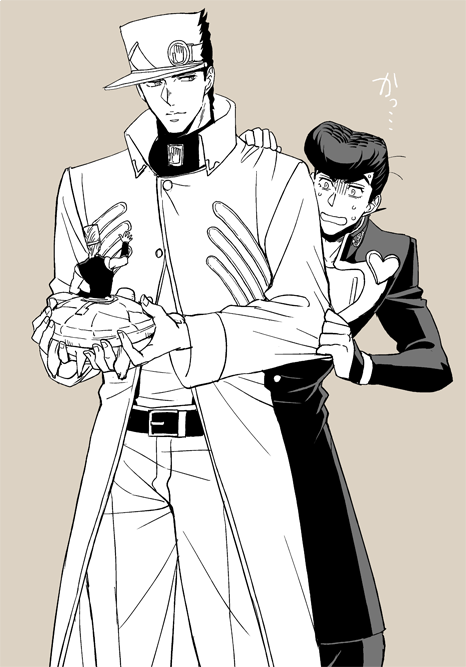 3boys animal clothes_grab coco_jumbo diamond_wa_kudakenai flattop gakuran haruko_(chikadoh) hat higashikata_josuke holding holding_animal jean_pierre_polnareff jojo_no_kimyou_na_bouken kuujou_joutarou long_coat male_focus mini_person miniboy monochrome multiple_boys pompadour school_uniform sleeve_grab turtle vento_aureo