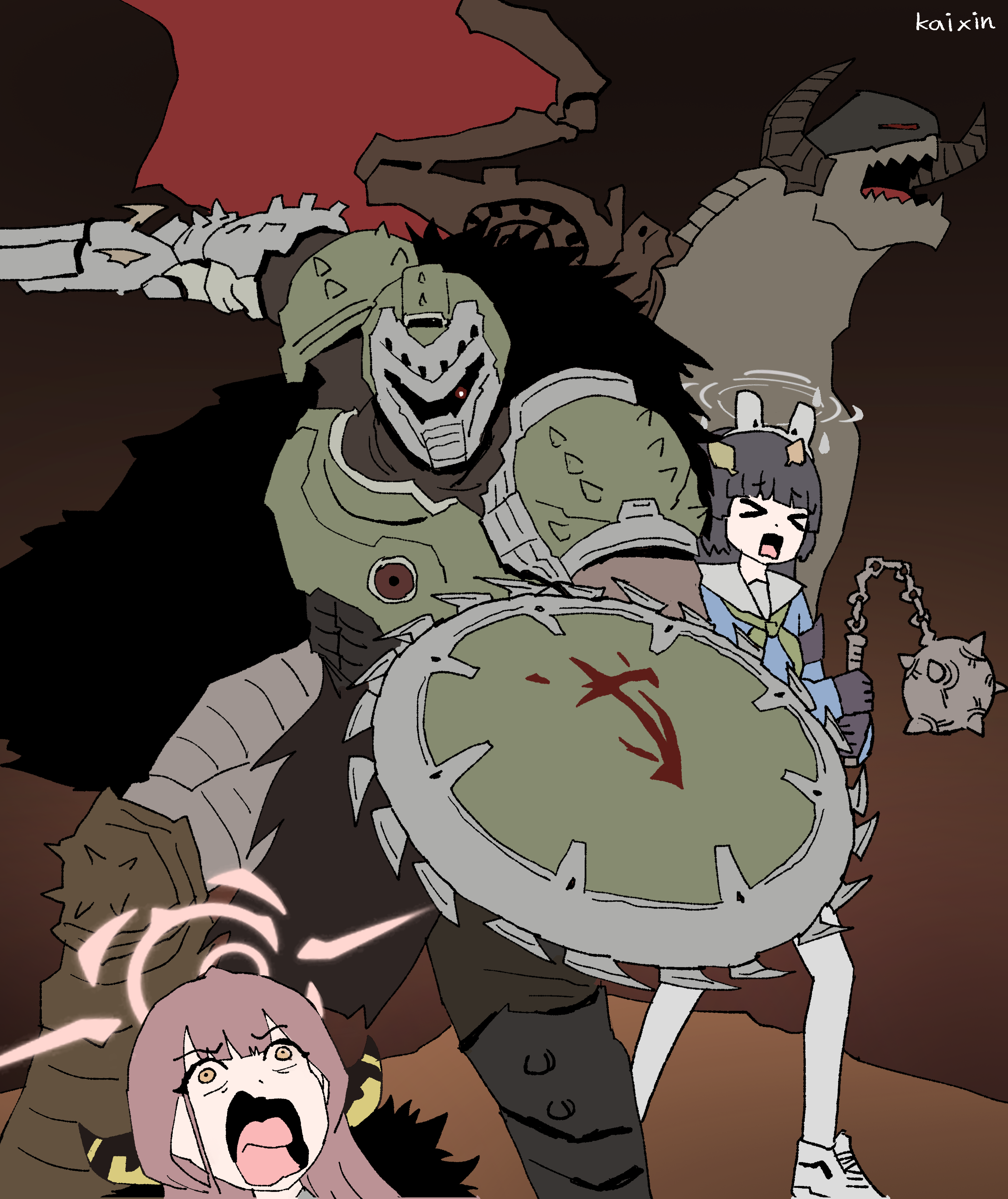 >_< 2girls absurdres animal_ear_hairband animal_ears armor aru_(blue_archive) black_hair blue_archive blue_shirt demon demon_girl demon_horns doom:_the_dark_ages doom_(series) doomguy fake_animal_ears green_necktie gun hairband highres holding holding_flail holding_gun holding_shield holding_weapon horns kai_xin long_hair miyu_(blue_archive) multiple_girls necktie open_mouth pantyhose rabbit_ear_hairband rabbit_ears red_hair sailor_collar shield shield_saw shirt shoes weapon white_hairband white_pantyhose white_sailor_collar white_shoes yellow_eyes