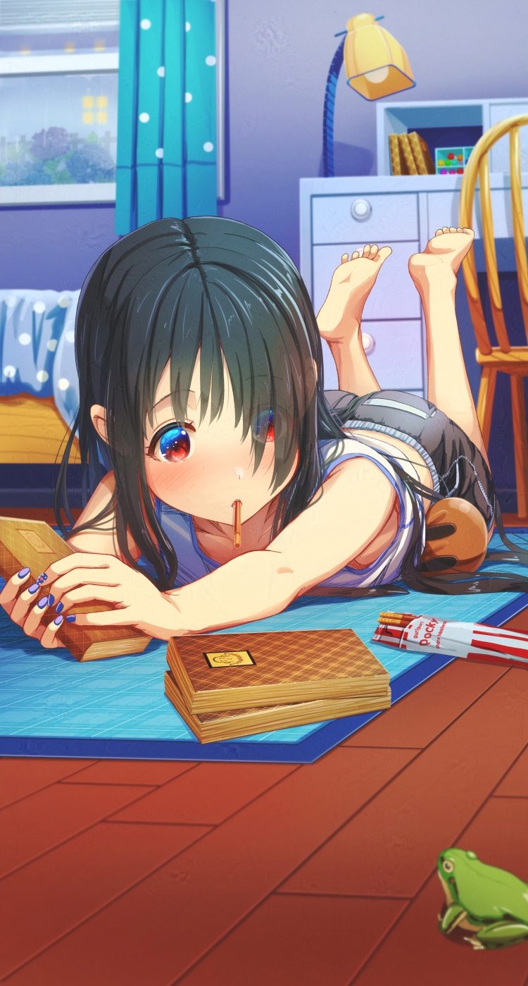1girl aiuabo barefoot bed bedroom black_hair blush book chair crop_top curtains desk eyes_visible_through_hair flower food food_in_mouth frog hair_over_one_eye highres holding holding_book hydrangea indoors lamp long_hair lying mouth_hold nail_polish on_stomach open_mouth original pocky pocky_in_mouth red_eyes shorts solo tank_top window