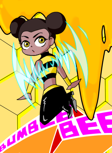 1girl bee_costume black_footwear black_pants boots brown_eyes bumble_bee character_name chibi dark-skinned_female dark_skin dc_comics double_bun female_focus flying hair_bun insect_wings karen_beecher midriff pants shirt shoes sleeveless solo striped_clothes striped_shirt teen_titans vambraces wings