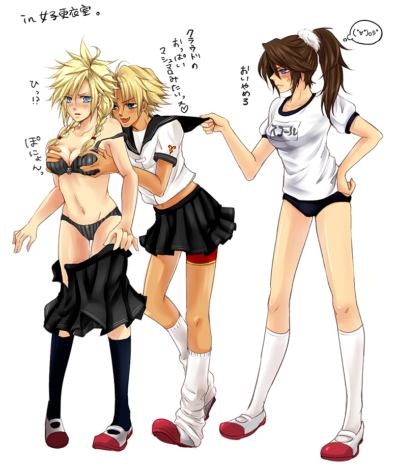 00s 1990s_(style) 3girls blonde_hair blue_eyes blush bra breasts breasts_squeezed_together brown_hair cleavage cloud_strife croix_(artist) dissidia_final_fantasy female_focus final_fantasy final_fantasy_vii final_fantasy_viii final_fantasy_x gender_request genderswap gym_uniform lingerie long_hair midriff miniskirt multiple_girls panties ponytail retro_artstyle shirt short_hair skirt socks squall_leonhart strap_slip tidus underwear undressing