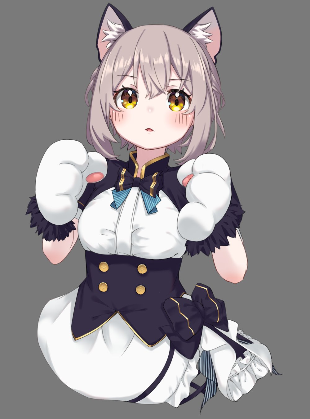 1girl animal_ear_fluff animal_ears animal_hands apron black_bow blue_bow blush bow breasts cat_ears cat_paws cropped_legs cropped_torso dress fake_animal_ears fur-trimmed_gloves fur_trim gloves grey_background grey_hair hair_between_eyes hands_up highres hop_step_jan looking_at_viewer necomaid_(vrchat) open_mouth parted_lips paw_gloves short_hair short_sleeves simple_background solo upper_body vrchat white_gloves yellow_eyes