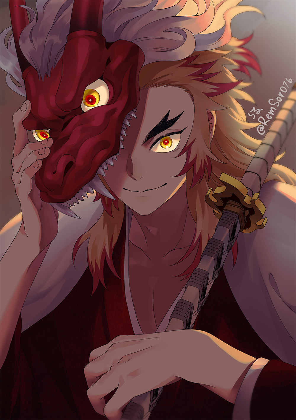 1boy black_kimono blonde_hair closed_mouth dragon_mask forked_eyebrows grey_background highres japanese_clothes katana kimetsu_no_yaiba kimono long_hair looking_at_viewer male_focus mask multicolored_eyes one_eye_covered over_shoulder red_eyes red_hair remsor076 rengoku_kyoujurou sheath sheathed simple_background solo sword sword_over_shoulder thick_eyebrows twitter_username weapon weapon_over_shoulder yellow_eyes
