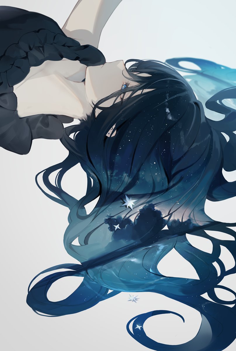 1girl achiki black_dress blue_eyes blue_hair character_request closed_mouth copyright_request dress expressionless glitter_in_hair grey_background hair_between_eyes half-closed_eye highres long_hair looking_ahead lying on_back outstretched_arm sidelocks simple_background solo star_(symbol) very_long_hair