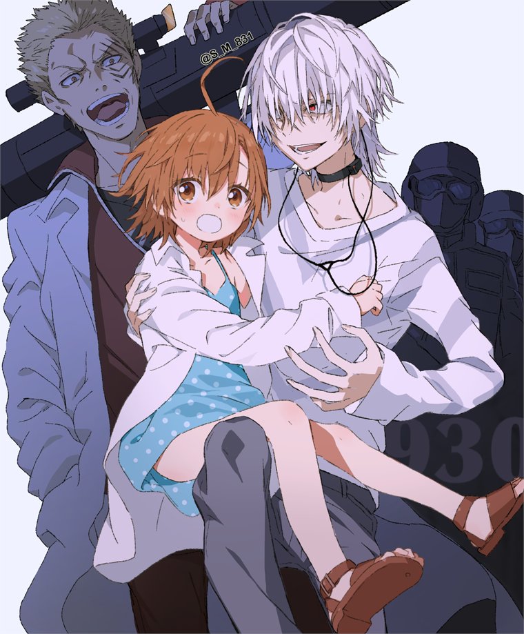 1girl 2boys accelerator_(toaru_majutsu_no_index) ahoge albino black_choker black_pants black_shirt black_undershirt blonde_hair blue_dress blush brown_eyes brown_footwear brown_hair carrying child choker commentary dress goggles grey_pants grey_shirt hair_over_eyes hand_on_another&#039;s_chest hand_on_another&#039;s_shoulder helmet holding holding_rocket_launcher holding_weapon jacket kihara_amata lab_coat last_order_(toaru_majutsu_no_index) long_bangs long_jacket military military_uniform multiple_boys open_mouth over_shoulder pants parted_lips people polka_dot polka_dot_dress raised_eyebrows red_eyes red_shirt rocket_launcher s.w.a.t. s_m_831 sandals sanpaku shirt short_dress short_hair shouting simple_background sitting sitting_on_lap sitting_on_person spread_fingers striped_clothes striped_shirt sundress sweatdrop talking teeth toaru_kagaku_no_railgun toaru_majutsu_no_index toaru_majutsu_no_index:_old_testament two-tone_shirt v-shaped_eyebrows weapon weapon_over_shoulder white_background white_hair white_jacket white_shirt yellow_eyes