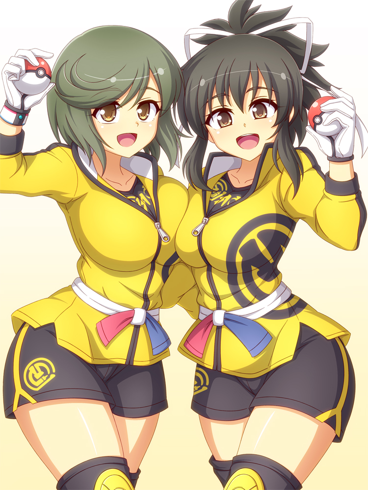 2girls asuka_(senran_kagura) asymmetrical_docking belt black_hair black_shorts blush breast_press breasts brown_eyes collarbone cosplay dynamax_band gloves gradient_background hair_ribbon holding holding_poke_ball jacket knee_pads large_breasts long_sleeves looking_at_viewer mai_(senran_kagura) master_dojo_uniform multiple_girls nintendo open_mouth poke_ball poke_ball_(basic) pokemon pokemon_swsh ponytail ribbon senran_kagura senran_kagura_new_wave short_hair short_ponytail short_shorts shorts side_slit sidelocks smile standing swept_bangs teeth tongue upper_teeth_only white_background white_belt white_gloves white_ribbon yellow_background yellow_jacket zetsumu zipper_pull_tab