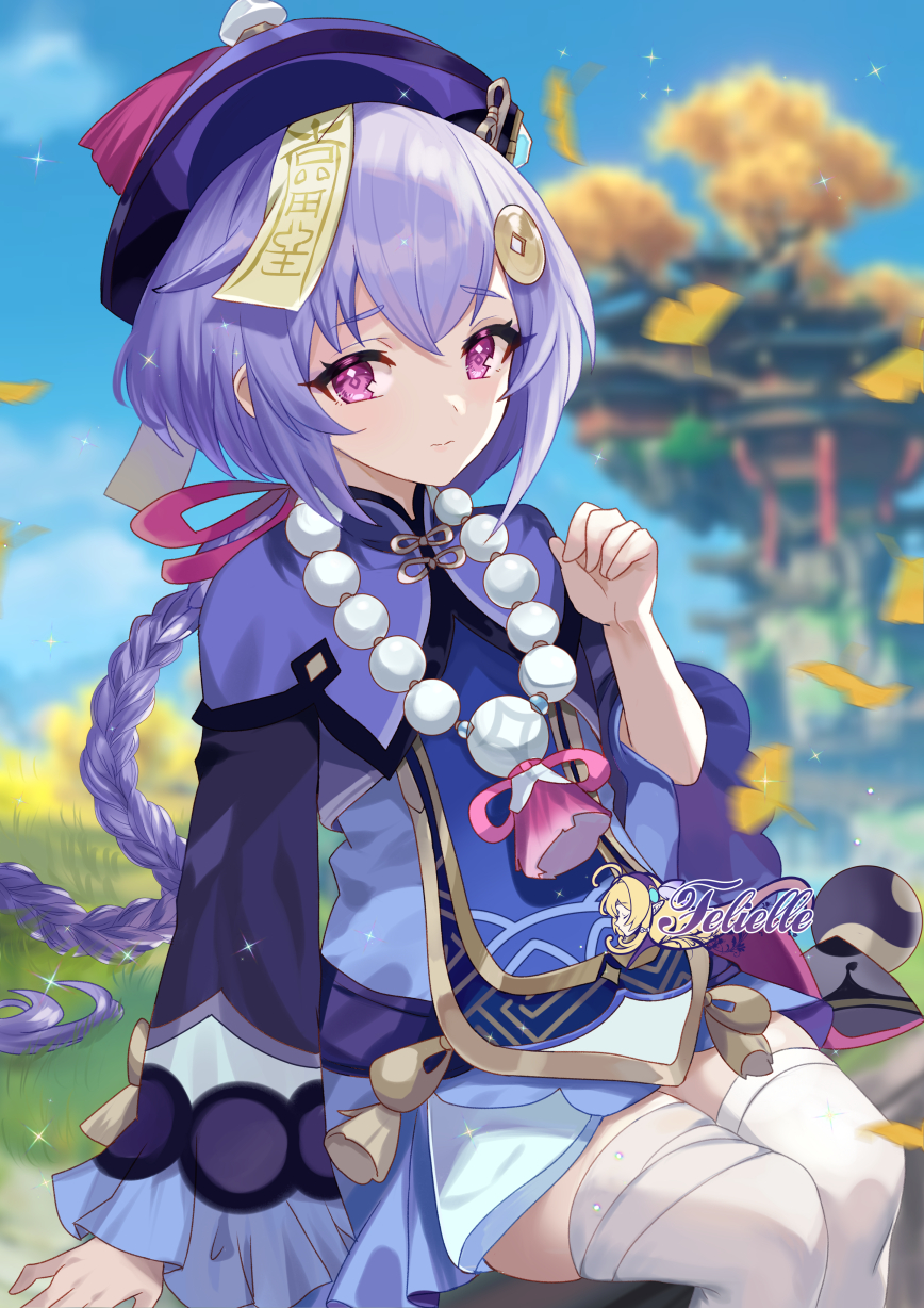 1girl artist_name blue_gemstone blue_sky blurry blurry_background braid braided_ponytail chinese_commentary closed_mouth commentary day dress feet_out_of_frame felielle gem genshin_impact hair_ornament hand_up hat highres light_smile long_hair long_sleeves looking_at_viewer ofuda ofuda_on_head outdoors purple_dress purple_eyes purple_hair purple_hat qiqi_(genshin_impact) sitting sky solo thighhighs very_long_hair white_thighhighs wide_sleeves