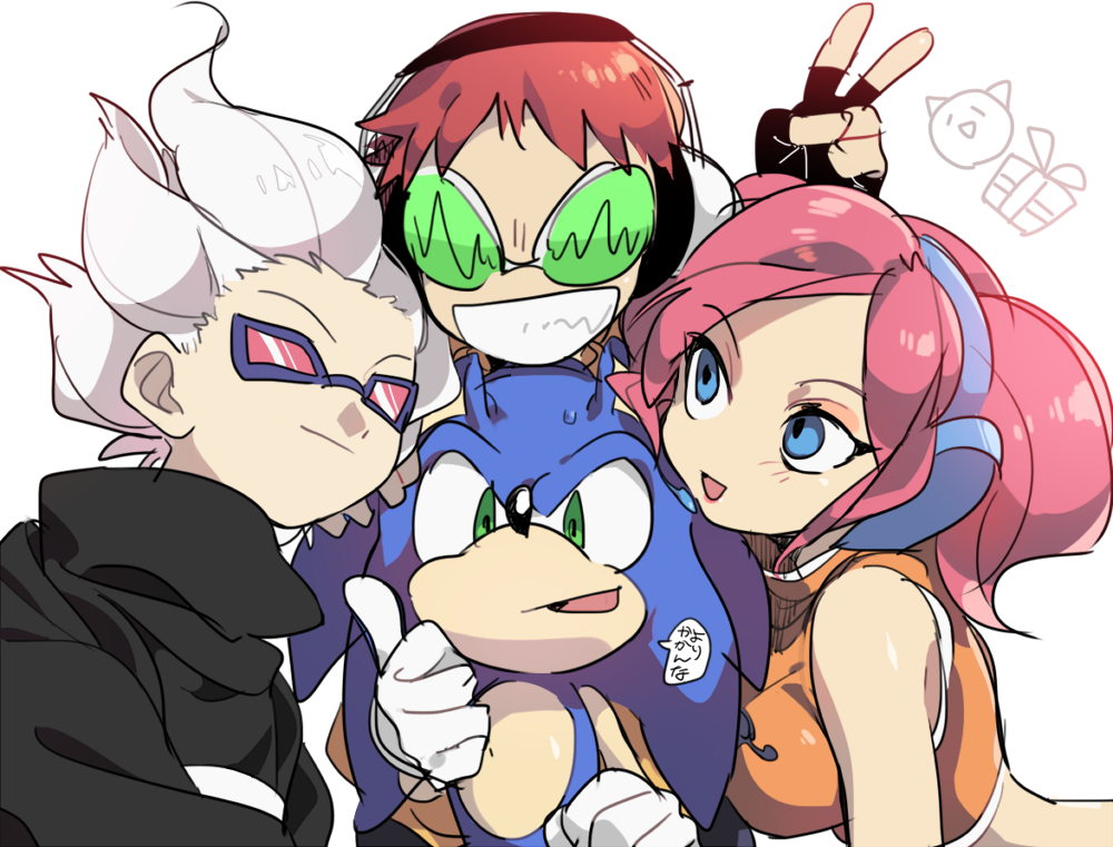 1girl 3boys beat_(jsr) cyber_fashion fingerless_gloves glasses gloves green-tinted_eyewear headphones home_(houmei) jet_set_radio looking_at_another looking_at_viewer multiple_boys pink_hair purge_(spc5) sega sonic_(series) sonic_the_hedgehog space_channel_5 tinted_eyewear ulala v white_hair