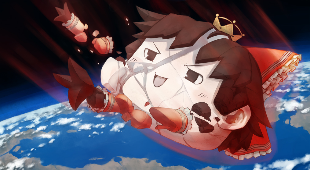 1girl atmospheric_entry aura burning crown disintegration energy female_focus fire friction_burn frown glowing hakurei_reimu haruno haruno_sora hat heat plasma solo space touhou yukkuri_shiteitte_ne
