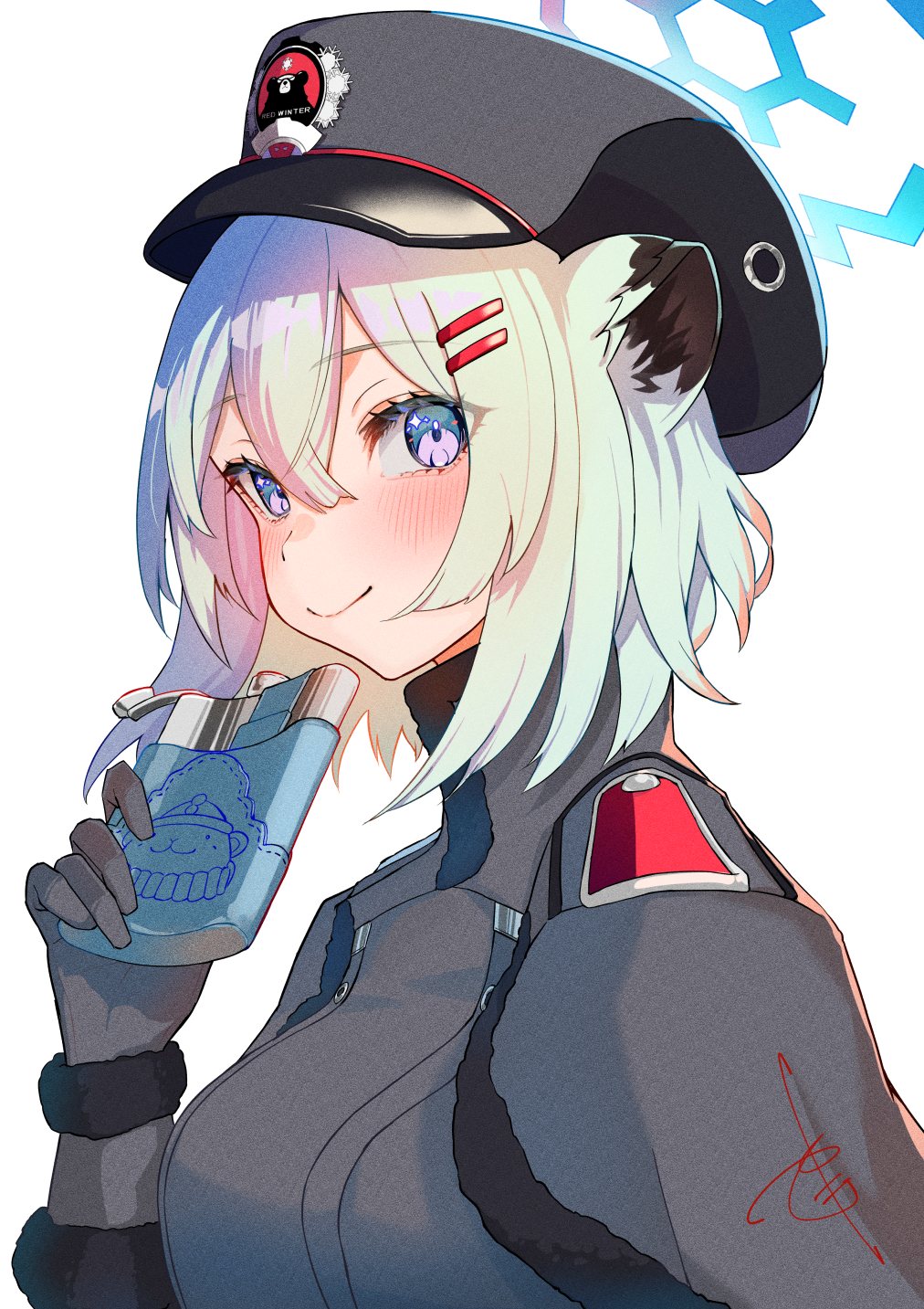 1girl animal_ears blue_archive blue_eyes blue_halo flask gloves grey_gloves halo hat highres hip_flask holding holding_flask kagu_(a_hazy_moon) looking_at_viewer medium_hair peaked_cap purple_halo red_winter_federal_academy_logo shigure_(blue_archive) smile solo upper_body weasel_ears weasel_girl white_background