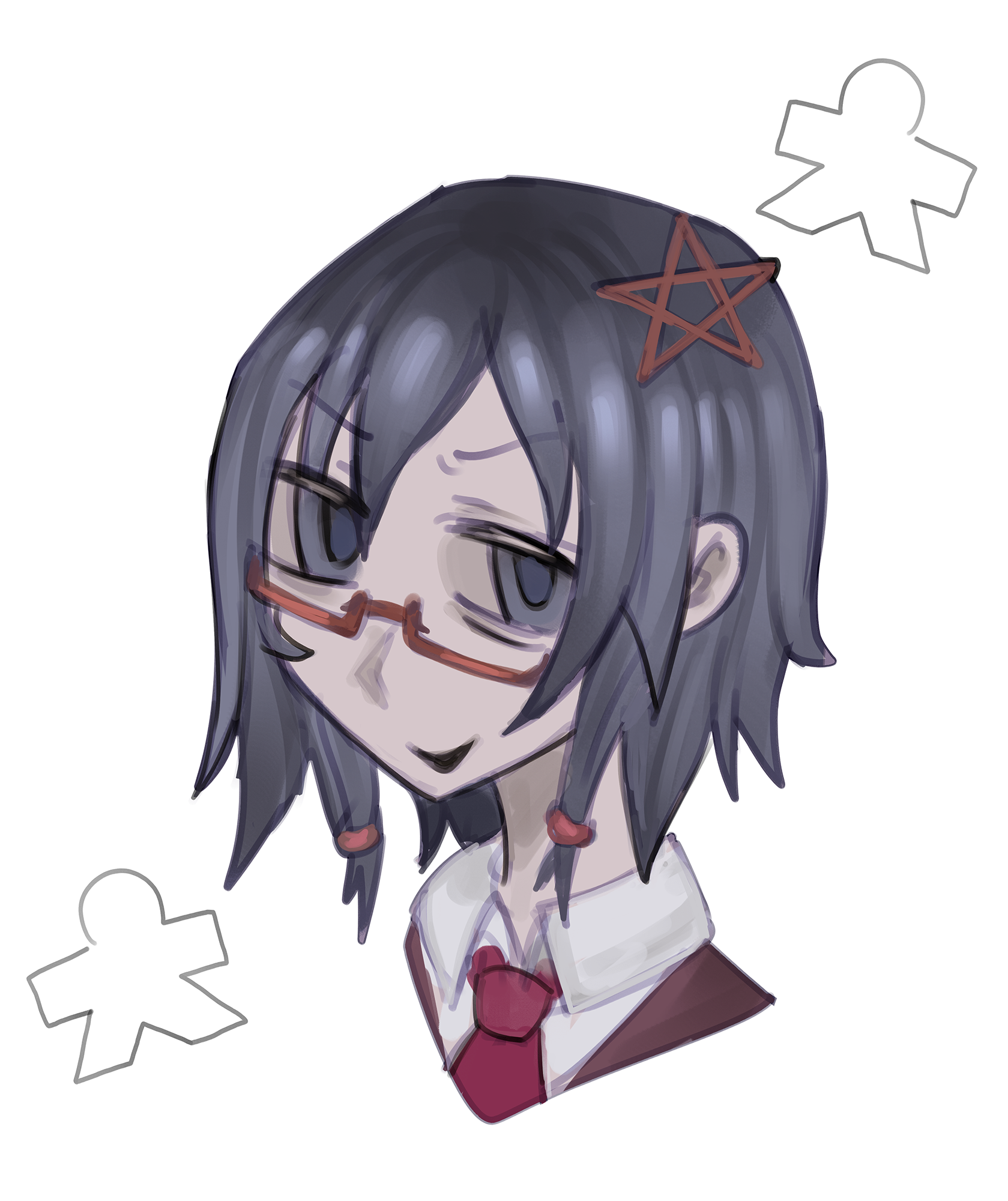1girl blue_eyes blue_hair corpse_party hair_ornament highres krmlkx looking_at_viewer pentagram pentagram_hair_ornament portrait red-framed_eyewear saenoki_naho school_uniform short_hair sketch smile solo star_(symbol) white_background