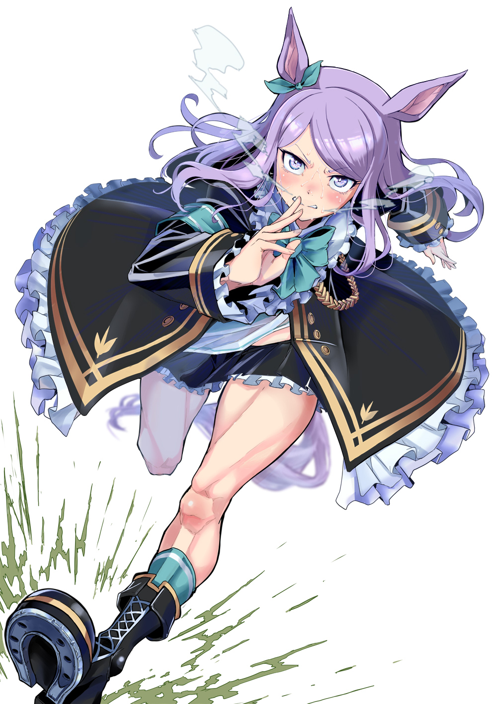 1girl animal_ears aqua_socks black_boots black_jacket black_skirt blush boots bow commentary_request full_body hair_bow highres horse_ears horse_girl horse_tail jacket long_hair long_sleeves looking_at_viewer mejiro_mcqueen_(umamusume) open_clothes open_jacket open_mouth purple_eyes purple_hair running shoe_soles simple_background skirt socks solo sweat tail take_nii umamusume v-shaped_eyebrows white_background