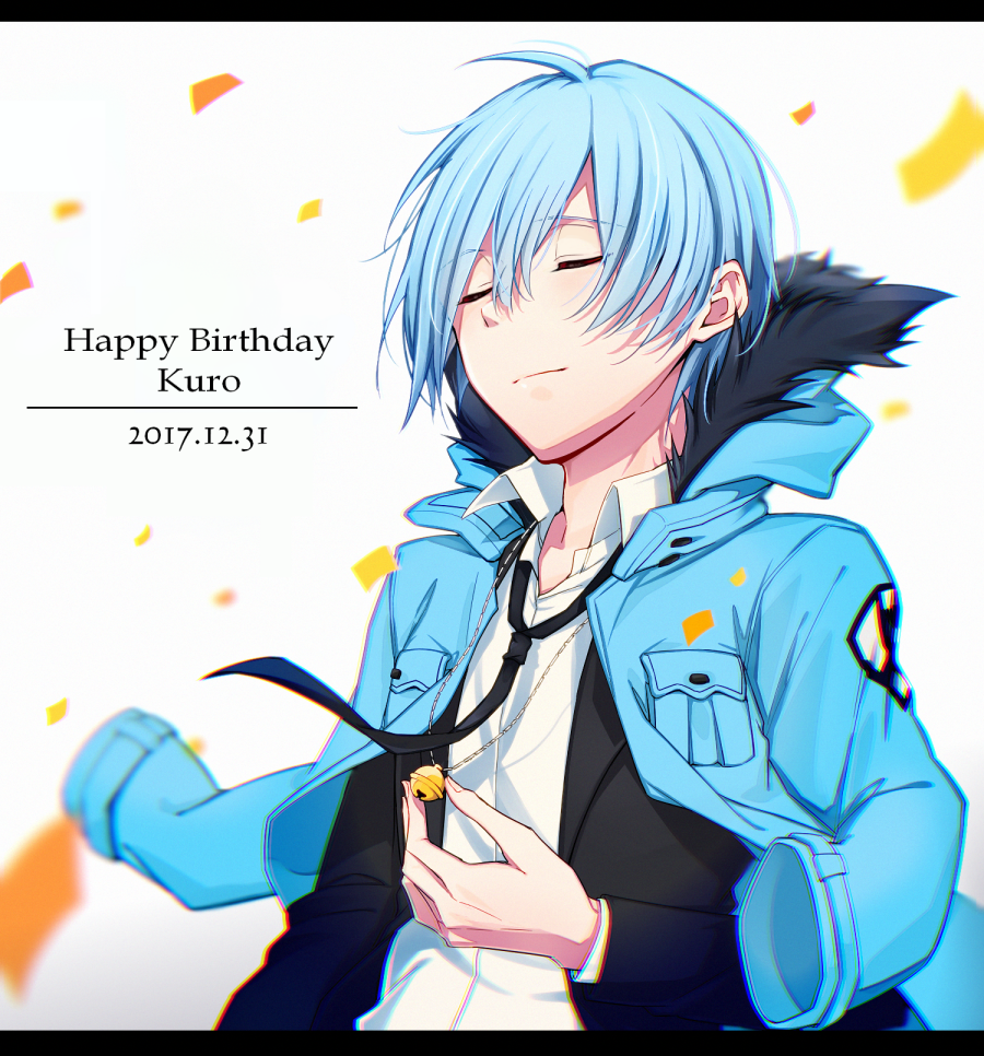 1boy aam09212 bags_under_eyes bell blue_hair closed_eyes closed_mouth coat english_text fur-trimmed_coat fur_trim happy_birthday jingle_bell male_focus necktie servamp short_hair sleepy_ash