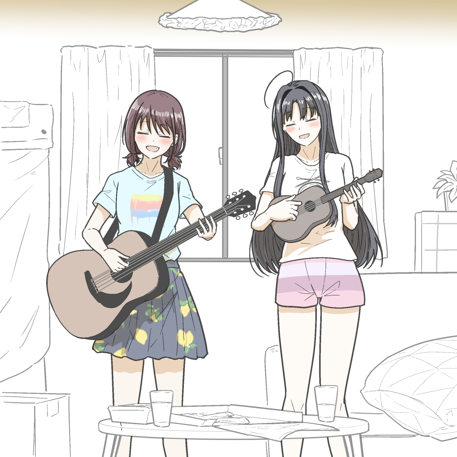 2girls 5tb acoustic_guitar awa_subaru black_hair black_skirt blue_shirt blush brown_hair closed_eyes commentary_request food_print fruit_print girls_band_cry guitar gundam gundam_gquuuuuux highres indoors instrument iseri_nina lemon_print long_hair multiple_girls music open_mouth playing_guitar playing_instrument playing_ukulele print_skirt purple_shorts scene_reference shirt short_sleeves short_twintails shorts skirt smile striped_clothes striped_shorts table twintails white_shirt